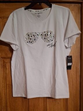 Karl Lagerfeld White Tee with Jeweled Sunglasses Motif